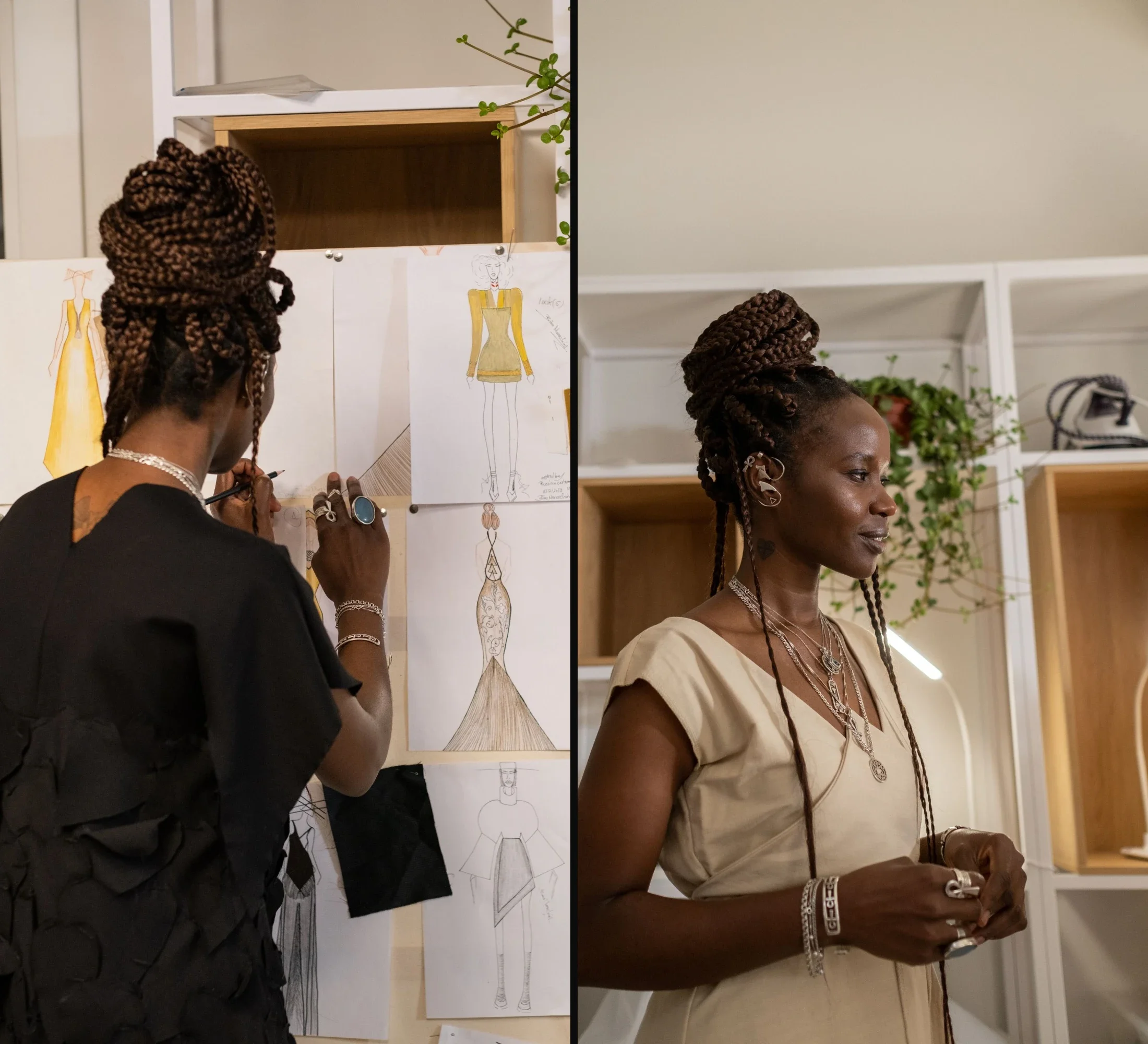 A designer in a white suit reviews a sketch beside a rail of garments