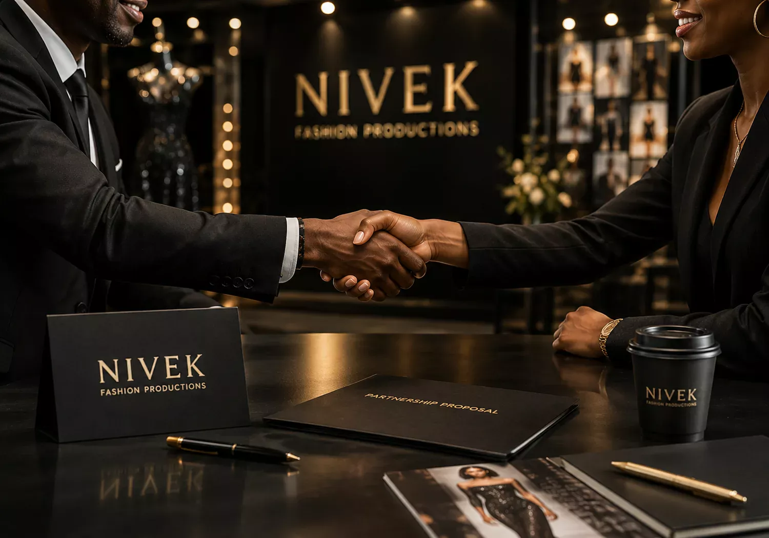 Two people shaking hands at a Nivek table