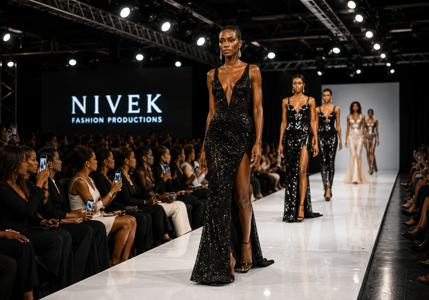 Models in black evening gowns on a Nivek runway